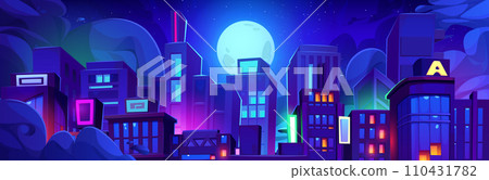 Night city with full moon in starry sky Night city with full moon in starry sky 110431782