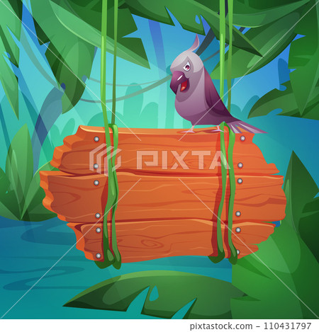 Jungle background with wooden sign board on vines 110431797