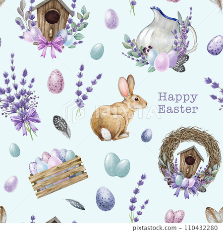 Festive Easter decor seamless pattern in tender colors. Watercolor painted illustration. Hand drawn rustic vintage style elements, bunny, tender colored eggs, wreath, flowers. Easter seamless pattern Festive Easter decor seamless pattern in tender colors. Watercolor painted illustration. Hand drawn rustic vintage style elements, bunny, tender colored eggs, wreath, flowers. Easter seamless pattern 110432280