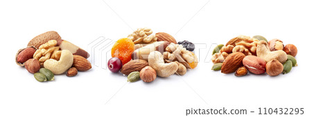 Collage of nuts on white backgrounds Collage of nuts on white backgrounds 110432295