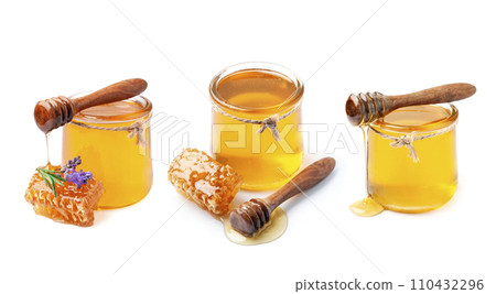 Collage of honey on white backgrounds Collage of honey on white backgrounds 110432296