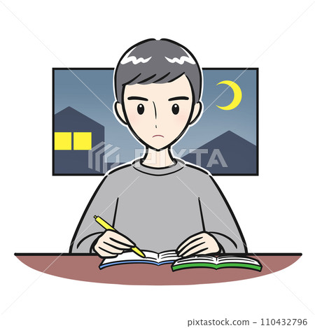Male student studying all night Male student studying all night 110432796