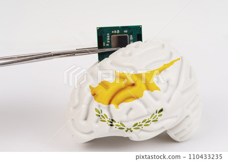 On a white background, a model of the brain with a picture of a flag - Cyprus, a microcircuit, a processor, is implanted into it. 110433235