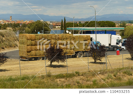 A truck transports hay on a semi-trailer. 110433255