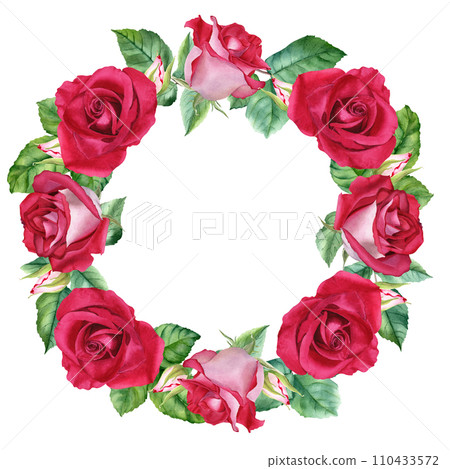 Wreath with red flower rose blooms, leaves and buds. Hand drawn watercolor illustration isolated on white background. For clip art cards invitation greeting label 110433572