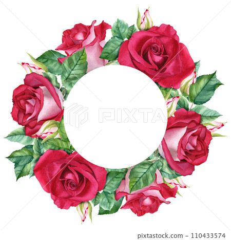 Watercolor wreath with red rose blooms, leaves and buds. Hand drawn illustration isolated on white background. For clip art cards invitation greeting label Watercolor wreath with red rose blooms, leaves and buds. Hand drawn illustration isolated on white background. For clip art cards invitation greeting label 110433574