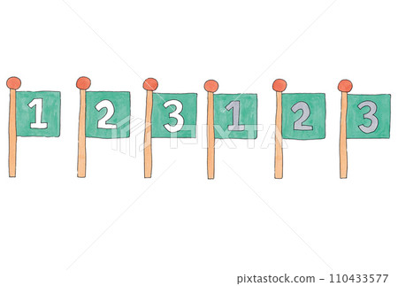 一組 6 個水平插圖，採用水性筆和透明水彩繪製綠色數字旗幟。 110433577