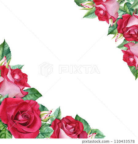 Watercolor frame with red rose blooms, leaves and buds. Hand drawn illustration isolated on white background. For clip art cards invitation greeting label Watercolor frame with red rose blooms, leaves and buds. Hand drawn illustration isolated on white background. For clip art cards invitation greeting label 110433578