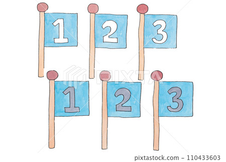 一組 6 張插圖，採用水性筆和透明水彩繪製的淺藍色數字旗幟。 110433603