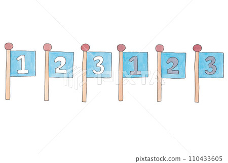 A set of 6 horizontal illustrations of light blue number flags drawn with water-based pens and transparent watercolors. 110433605