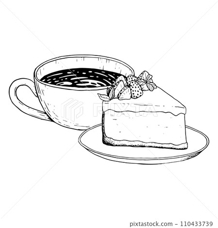 Hot coffee cup with cappuccino and strawberry cheesecake dessert vector black and white illustration for menus and flyers 110433739