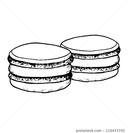 Two sweet macaroons cookies vector black and white illustration for cafe and bakery menu designs Two sweet macaroons cookies vector black and white illustration for cafe and bakery menu designs 110433742