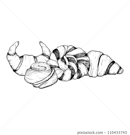 Pastry croissants and cinnamon chocolate braided buns vector graphic ink illustration for breakfast and coffee break designs. Delicious fresh food from bakery Pastry croissants and cinnamon chocolate braided buns vector graphic ink illustration for breakfast and coffee break designs. Delicious fresh food from bakery 110433743