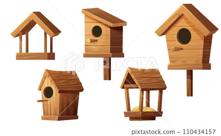 Set wooden bird feeder and bird house with roof, hole and seeds in cartoon style isolated on white background. Hanging construction, bird care. Set wooden bird feeder and bird house with roof, hole and seeds in cartoon style isolated on white background. Hanging construction, bird care. 110434157