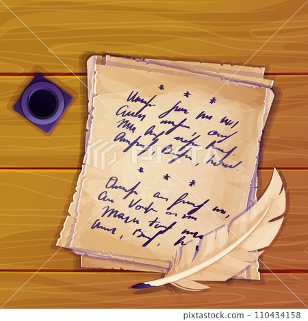 Parchment paper, torn old sheet with unreadble scrit inkwell and feather pen on wooden desk in cartoon style, textured empty note isolated on white background. Game ui elements Parchment paper, torn old sheet with unreadble scrit inkwell and feather pen on wooden desk in cartoon style, textured empty note isolated on white background. Game ui elements 110434158