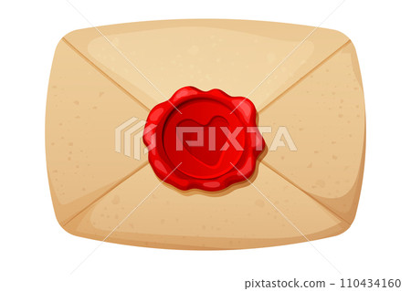 Romantic envelope, love letter parchment paper with wax seal heart in cartoon style isolated on white background. Valentines day holiday 110434160