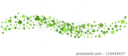 St. Patrick Day shamrock clover background. Wavy vector border with flying green leaves for posters banners and greeting cards. 110434457