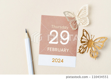 February 29th mini calendar for February 2024 and butterfly. Leap year, intercalary day, bissextile. February 29th mini calendar for February 2024 and butterfly. Leap year, intercalary day, bissextile. 110434551
