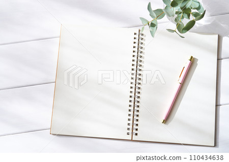 Open plain ring notebook and ballpoint pen - image of a new life 110434638