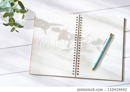Open plain ring notebook and ballpoint pen - image of a new life 110434642