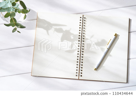 Open plain ring notebook and ballpoint pen - image of a new life 110434644