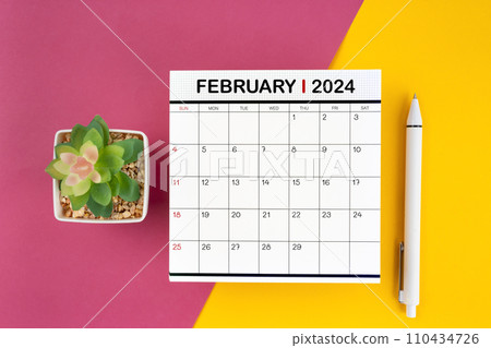 White calendar for February 2024 and pen on beautiful background, planning concept. 110434726