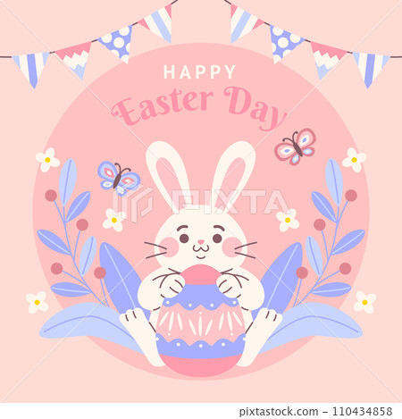 一張快樂的復活節賀卡,上面有一隻可愛的兔子和一個雞蛋。方向體積。 一張快樂的復活節賀卡,上面有一隻可愛的兔子和一個雞蛋。方向體積。 110434858