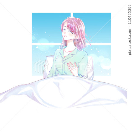A woman in pajamas with a refreshing atmosphere on the bed, window A woman in pajamas with a refreshing atmosphere on the bed, window 110435393