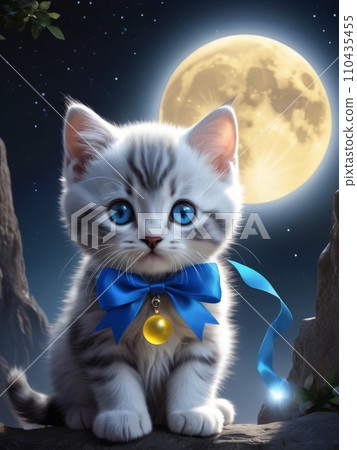 神秘的風景,有貓圖標和可愛的小貓,在滿月和夜空的背景下被滿月照亮 神秘的風景,有貓圖標和可愛的小貓,在滿月和夜空的背景下被滿月照亮 110435455