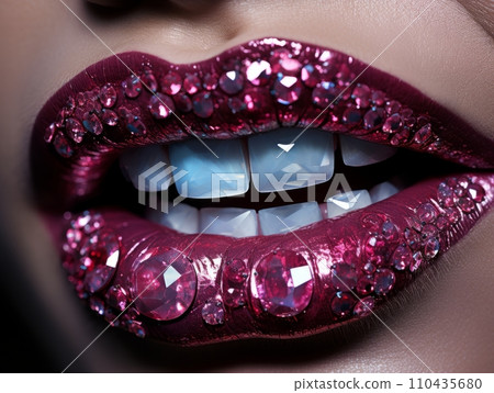 AI-generated content. Fancy pink lip makeup with crystals AI 110435680
