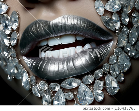 AI-generated content. Lips covered with silver lipstick and decorated with rhinestone crystals. AI 110435763