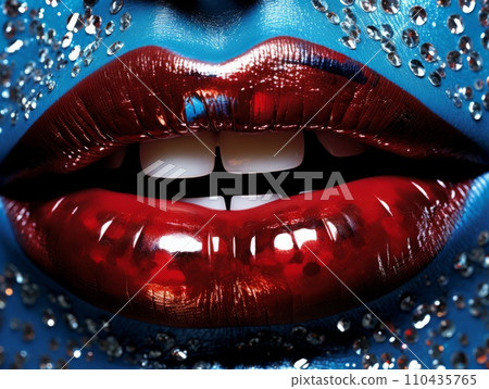 AI-generated content. Sexy red lips decorated with precious shining crystals AI 110435765