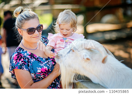 Adorable cute toddler girl and young mother feeding little goats and sheeps on kids farm. Beautiful baby child petting animals in petting zoo. Woman and daughter together on family weekend vacations Adorable cute toddler girl and young mother feeding little goats and sheeps on kids farm. Beautiful baby child petting animals in petting zoo. Woman and daughter together on family weekend vacations 110435865