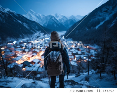 AI-generated content. Girl with a tourist backpack enjoys the mountain winter landscape 110435892