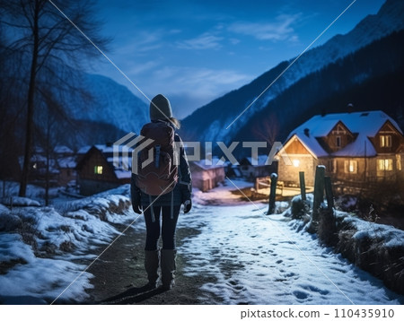 AI-generated content. Girl with a tourist backpack enjoys the mountain winter landscape AI-generated content. Girl with a tourist backpack enjoys the mountain winter landscape 110435910