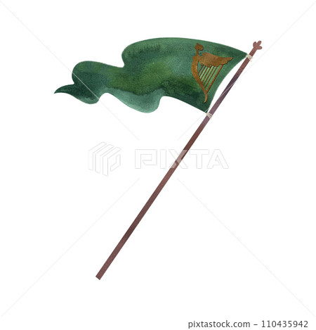 A fluttering green banner on a long pole. Vintage flag of Ireland with golden harp. Vintage. Isolated watercolor illustration on white background. Clipart. A fluttering green banner on a long pole. Vintage flag of Ireland with golden harp. Vintage. Isolated watercolor illustration on white background. Clipart. 110435942