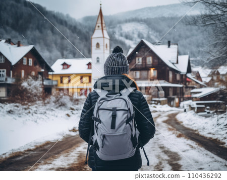 AI-generated content. Girl with a tourist backpack in the mountains in winter. AI 110436292