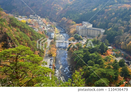 The hot spring town seen from the observation point at the top of Tengu Rock in Shiobara Valley The hot spring town seen from the observation point at the top of Tengu Rock in Shiobara Valley 110436479