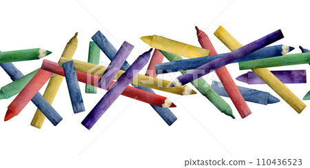 Watercolor hand drawn illustration, kids children painting materials supplies, pencil crayon marker art stationery. Seamless border isolated on white. For school, kindergarten, party, cards, website Watercolor hand drawn illustration, kids children painting materials supplies, pencil crayon marker art stationery. Seamless border isolated on white. For school, kindergarten, party, cards, website 110436523