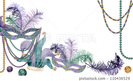 Hand drawn watercolor Mardi Gras carnival symbols. Theater masquerade circus mask feathers, jester fool hat bells. Composition isolated on white background. Design for party invitation, print, shop 110436529
