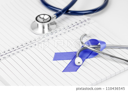 Breast cancer awareness ribbon on doctor table. Awareness month concept. 110436545