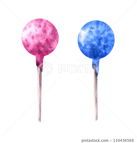 Hand drawn watercolor illustration. Two delicious candies on sticks on pink and blue frosting . For greeting birthday card, banner, websites, new born, gender reveal party Isolated on white background Hand drawn watercolor illustration. Two delicious candies on sticks on pink and blue frosting . For greeting birthday card, banner, websites, new born, gender reveal party Isolated on white background 110436568