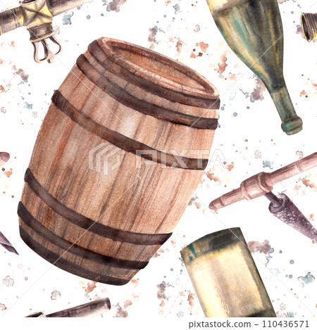 A bottle of white wine, wooden barrel, tap and corkscrew with watercolor stains. seamless pattern. Hand draw illustration. Wine making clipart for wallpaper, wrapping, print Isolated white background A bottle of white wine, wooden barrel, tap and corkscrew with watercolor stains. seamless pattern. Hand draw illustration. Wine making clipart for wallpaper, wrapping, print Isolated white background 110436571