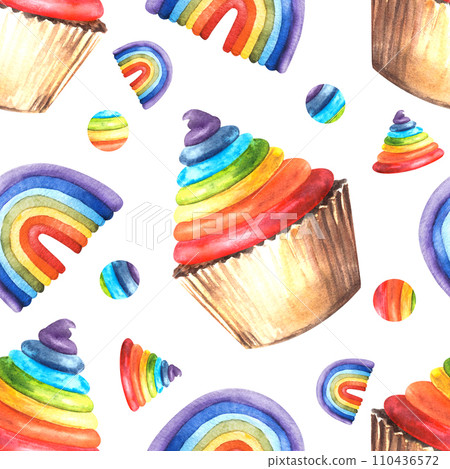 Rainbow cupcakes with multicoloured cream, icing, seamless pattern. Hand drawn watercolor illustration, template for any concept, packaging, textiles, LGBT, party, birthday. Isolated white background Rainbow cupcakes with multicoloured cream, icing, seamless pattern. Hand drawn watercolor illustration, template for any concept, packaging, textiles, LGBT, party, birthday. Isolated white background 110436572
