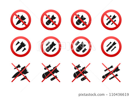 No Bomb Icon Set Vector Illustration for Prohibited and Restricted Areas Signage No Bomb Icon Set Vector Illustration for Prohibited and Restricted Areas Signage 110436619