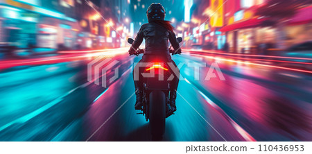 [AI-generated image/AI illustration] A woman riding a motorcycle and the scenery flowing at high speed 110436953