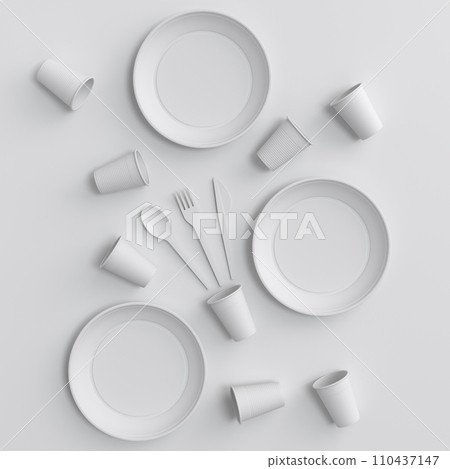 Set of disposable utensils like plate, folk, spoon,knife and cup on monochrome 110437147