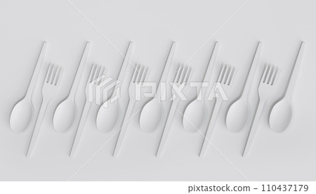 Set of disposable utensils like spoon, fork and knife on monochrome background. 110437179