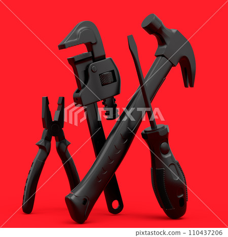 Top view of monochrome construction tools for repair on red background 110437206