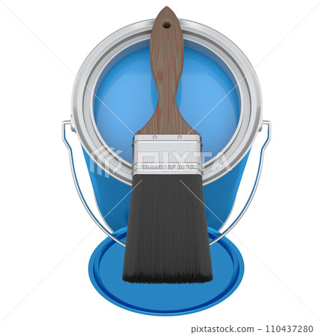 Open metal can or buckets with paint bristle brush on white background. Open metal can or buckets with paint bristle brush on white background. 110437280